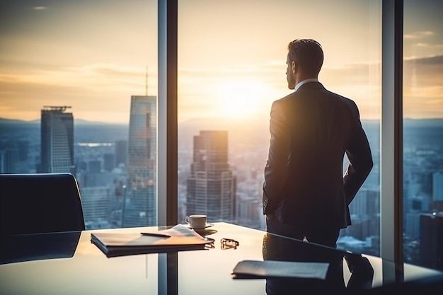 Элегантный мужчина в костюме с видом на городскую панораму